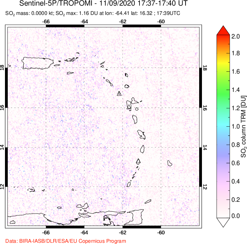 A sulfur dioxide image over Montserrat, West Indies on Nov 09, 2020.
