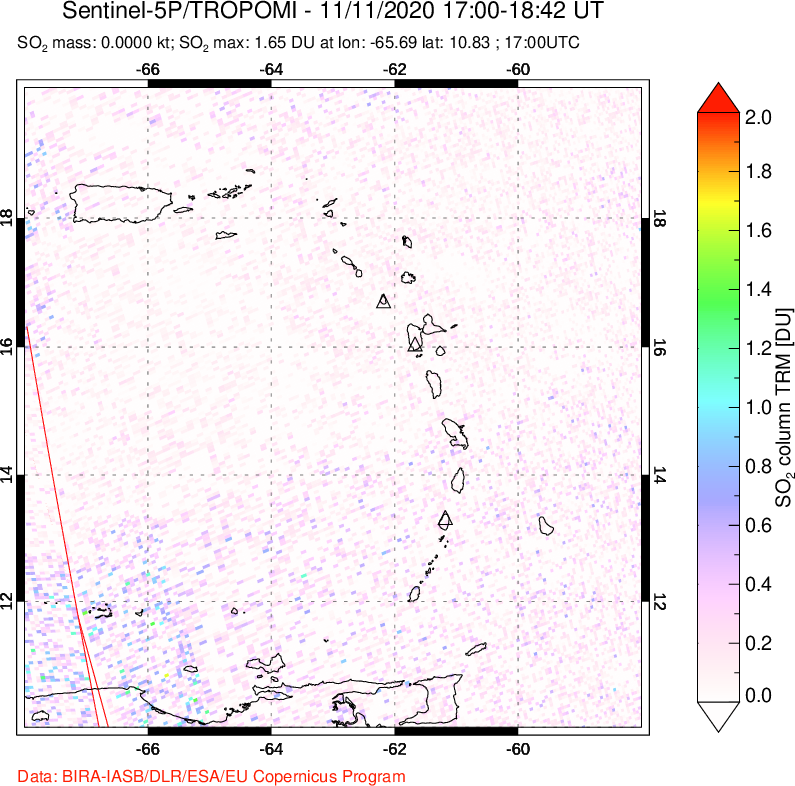 A sulfur dioxide image over Montserrat, West Indies on Nov 11, 2020.