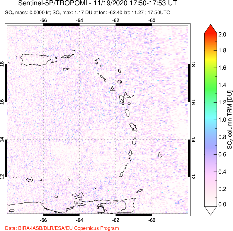 A sulfur dioxide image over Montserrat, West Indies on Nov 19, 2020.