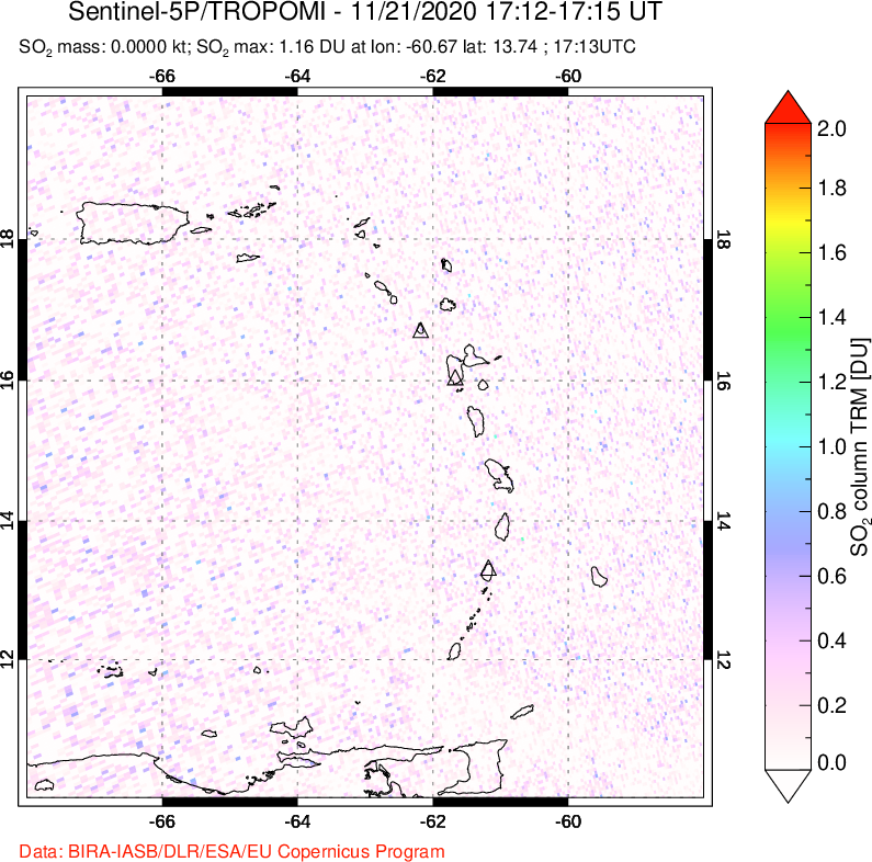 A sulfur dioxide image over Montserrat, West Indies on Nov 21, 2020.