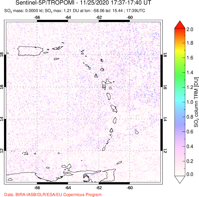 A sulfur dioxide image over Montserrat, West Indies on Nov 25, 2020.