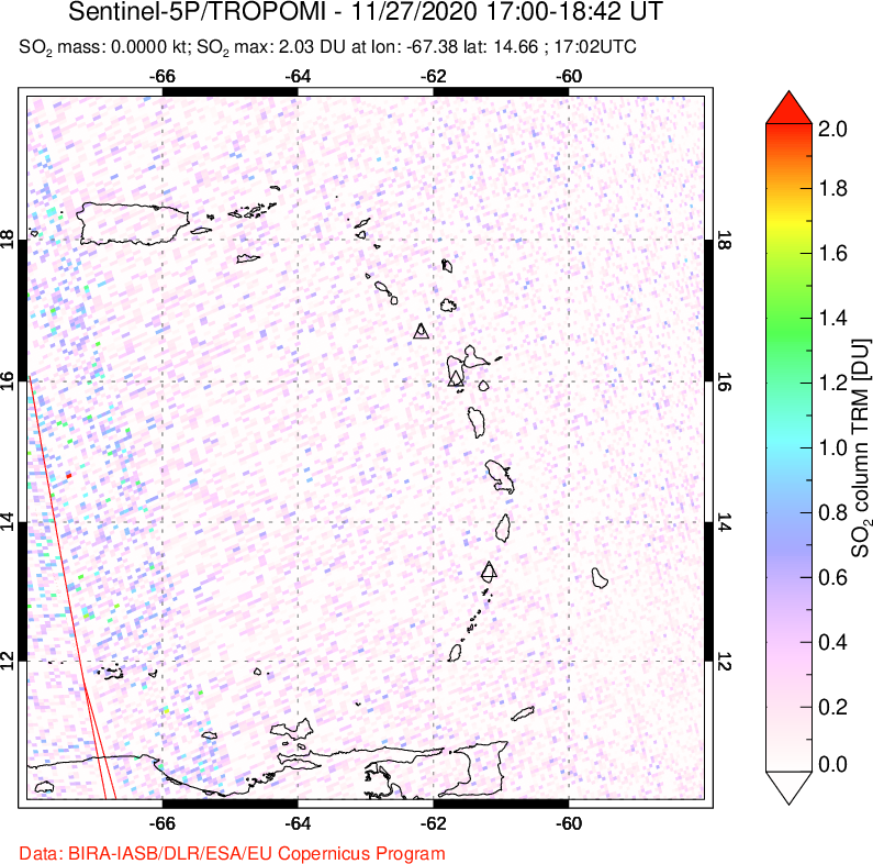 A sulfur dioxide image over Montserrat, West Indies on Nov 27, 2020.