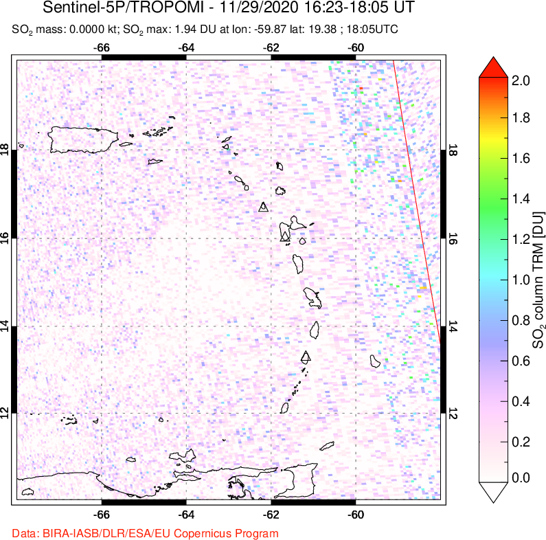 A sulfur dioxide image over Montserrat, West Indies on Nov 29, 2020.