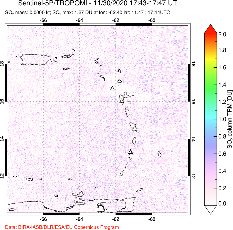 A sulfur dioxide image over Montserrat, West Indies on Nov 30, 2020.