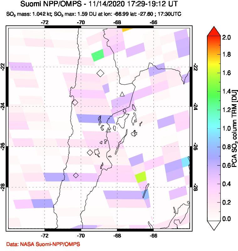 A sulfur dioxide image over Northern Chile on Nov 14, 2020.