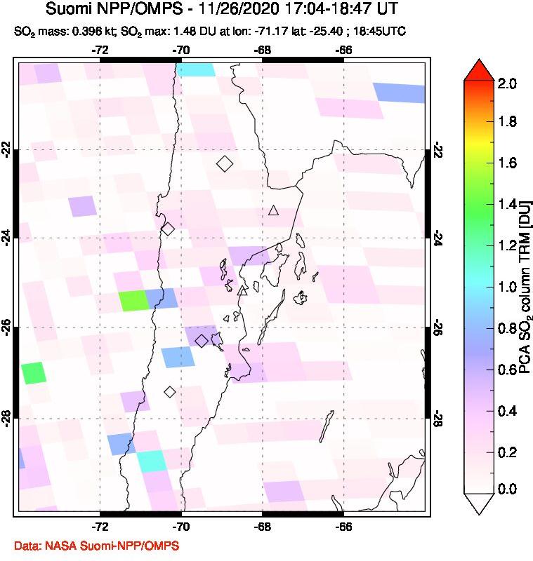 A sulfur dioxide image over Northern Chile on Nov 26, 2020.