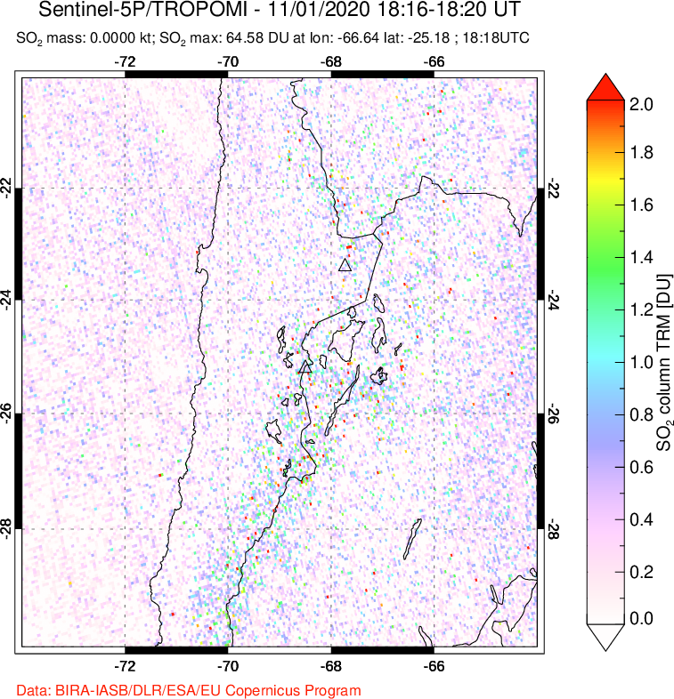 A sulfur dioxide image over Northern Chile on Nov 01, 2020.