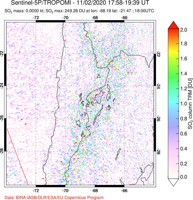 A sulfur dioxide image over Northern Chile on Nov 02, 2020.
