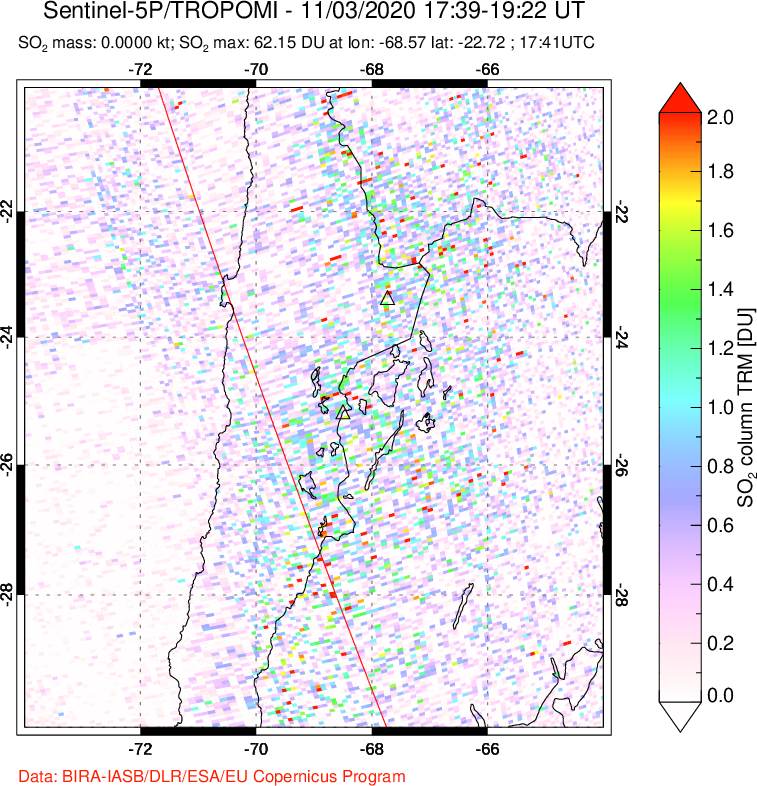 A sulfur dioxide image over Northern Chile on Nov 03, 2020.