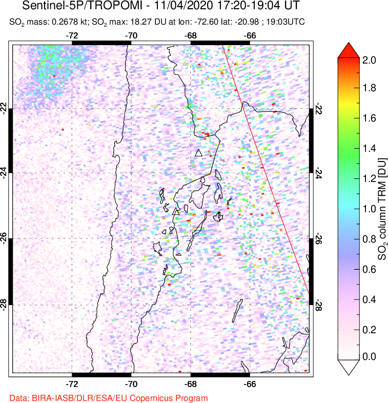 A sulfur dioxide image over Northern Chile on Nov 04, 2020.