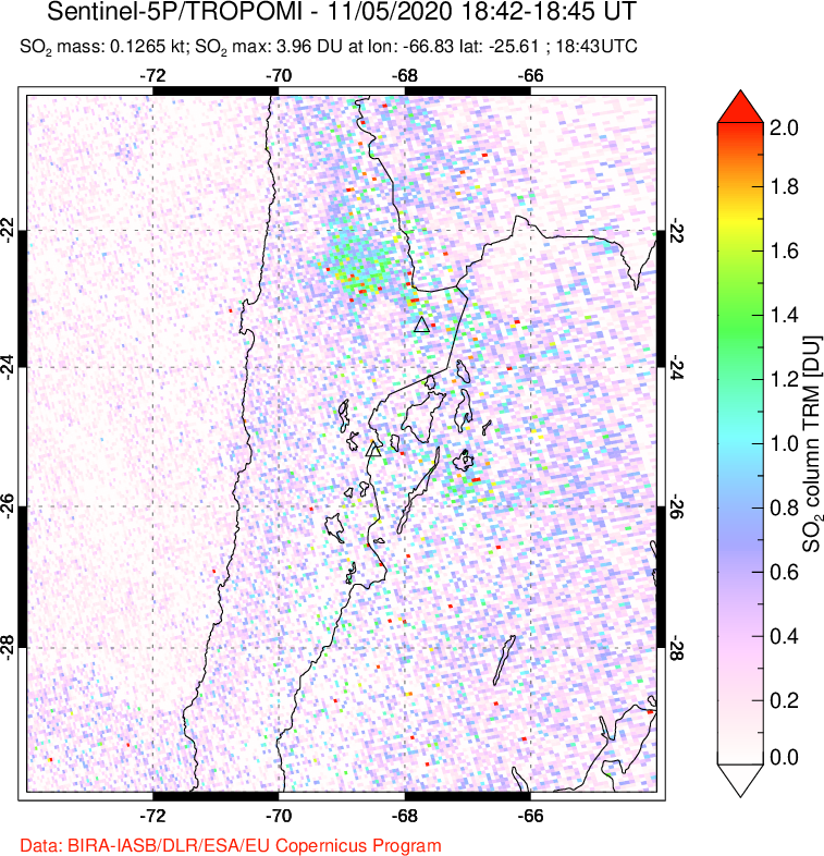 A sulfur dioxide image over Northern Chile on Nov 05, 2020.