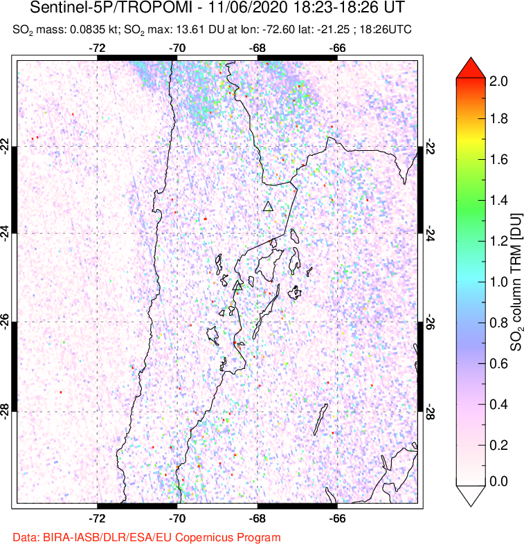 A sulfur dioxide image over Northern Chile on Nov 06, 2020.