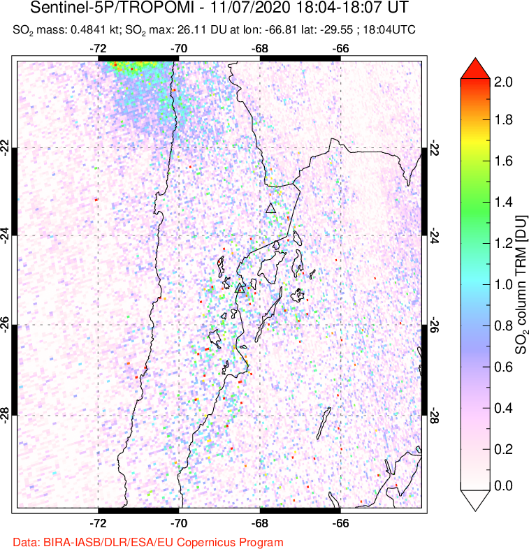 A sulfur dioxide image over Northern Chile on Nov 07, 2020.