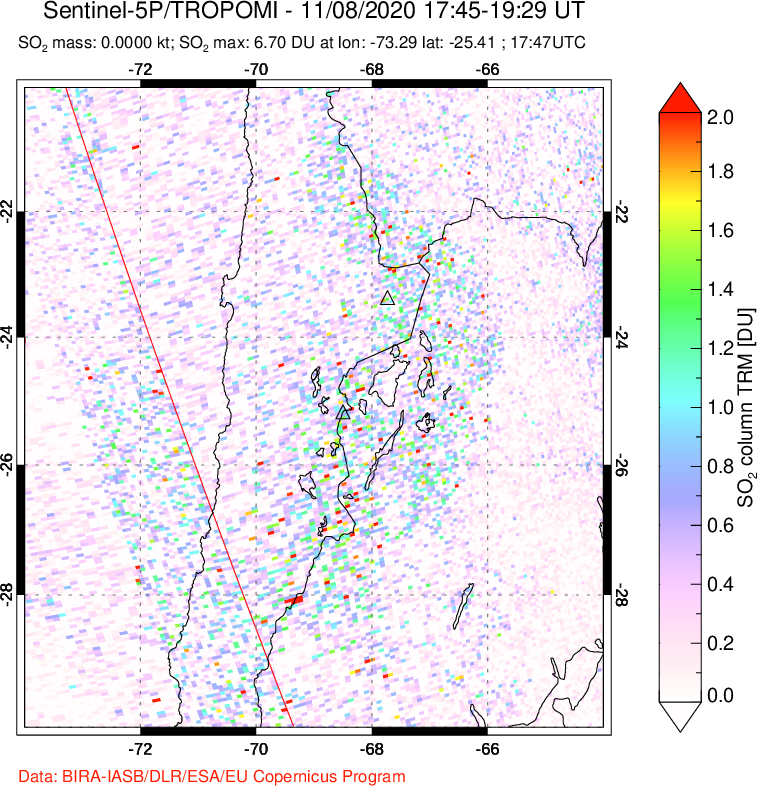 A sulfur dioxide image over Northern Chile on Nov 08, 2020.