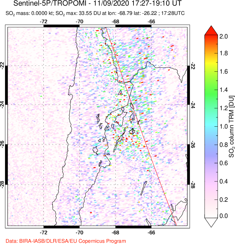 A sulfur dioxide image over Northern Chile on Nov 09, 2020.
