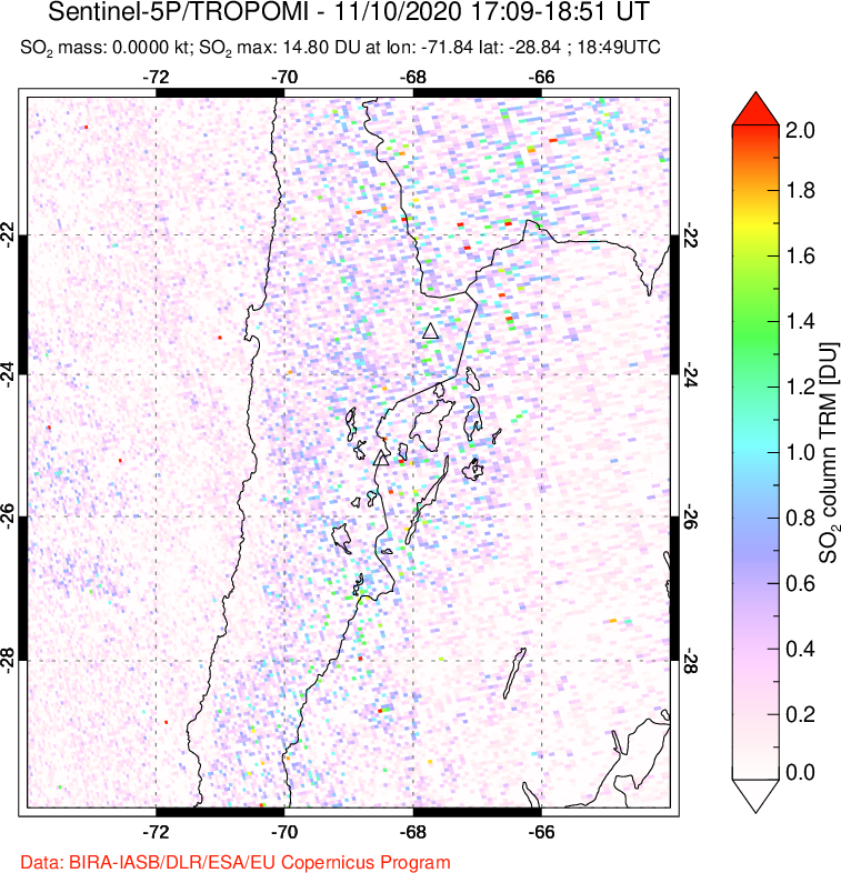 A sulfur dioxide image over Northern Chile on Nov 10, 2020.