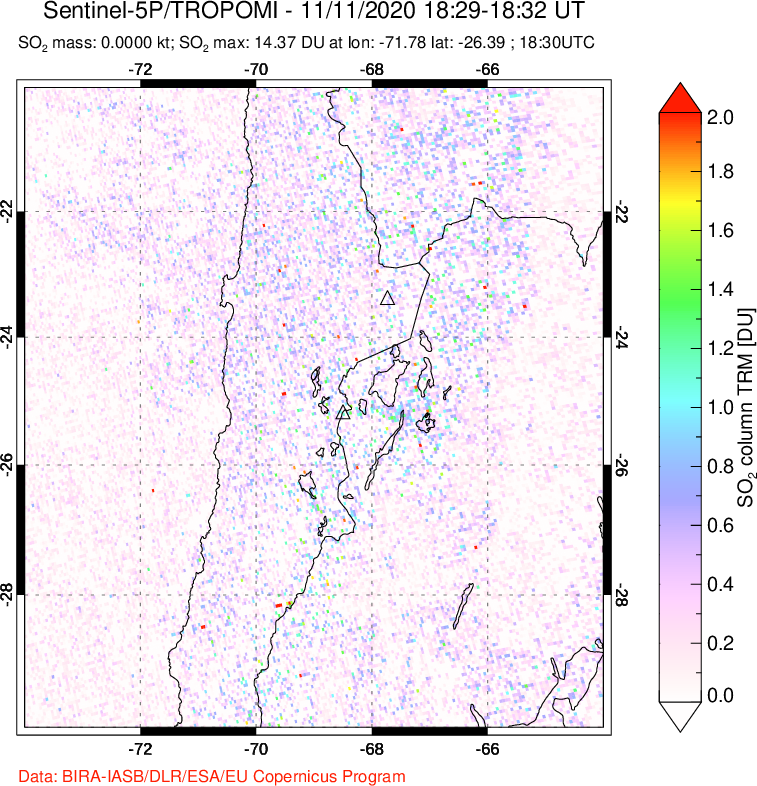 A sulfur dioxide image over Northern Chile on Nov 11, 2020.