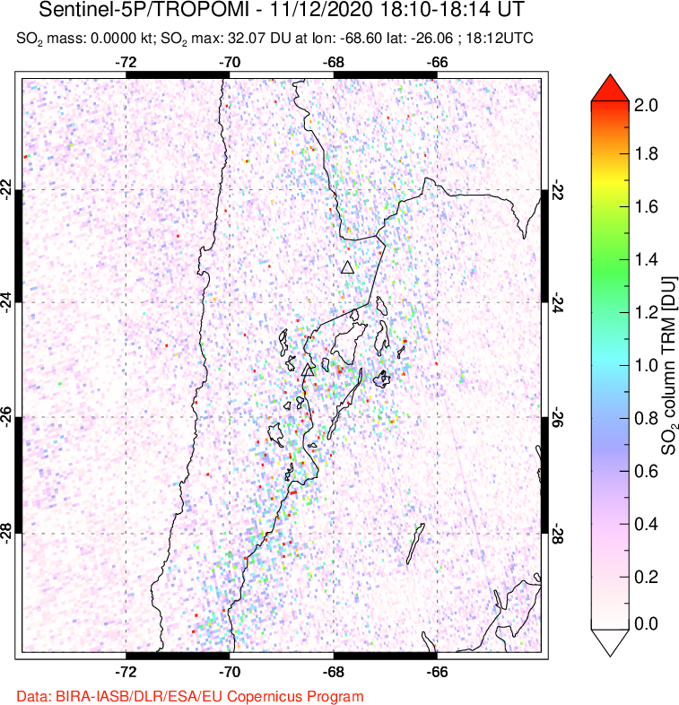 A sulfur dioxide image over Northern Chile on Nov 12, 2020.