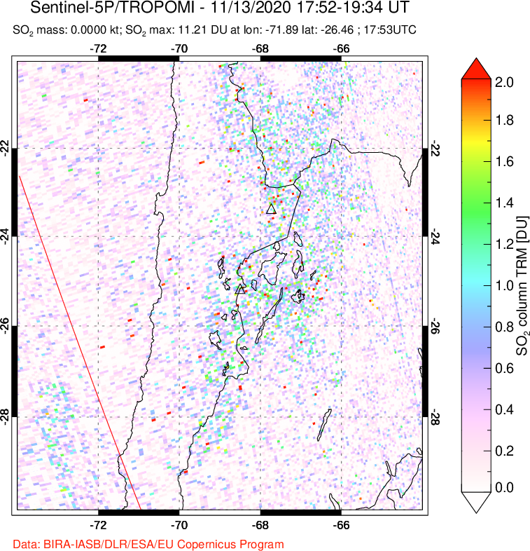 A sulfur dioxide image over Northern Chile on Nov 13, 2020.