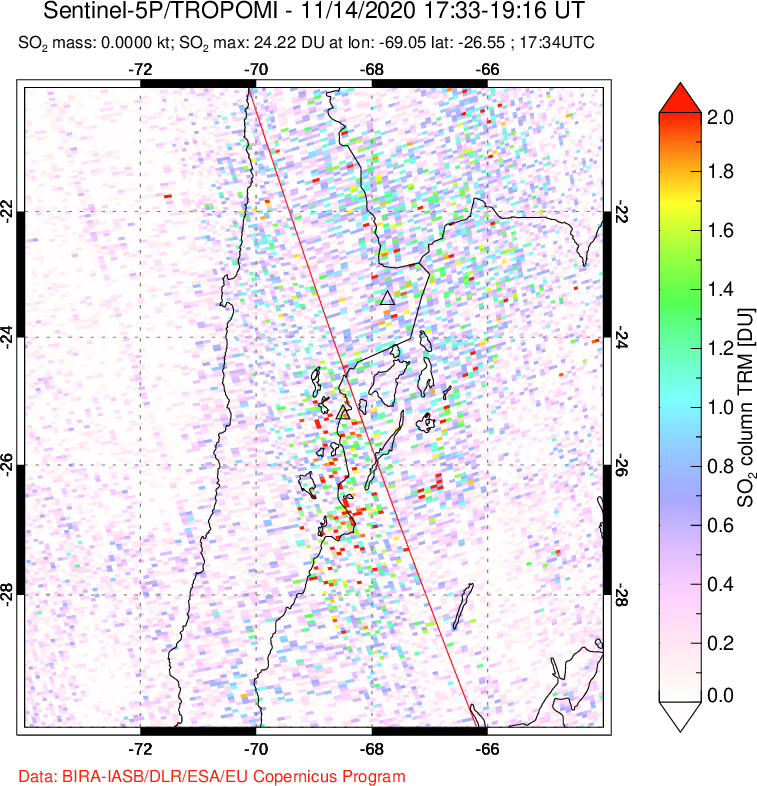 A sulfur dioxide image over Northern Chile on Nov 14, 2020.