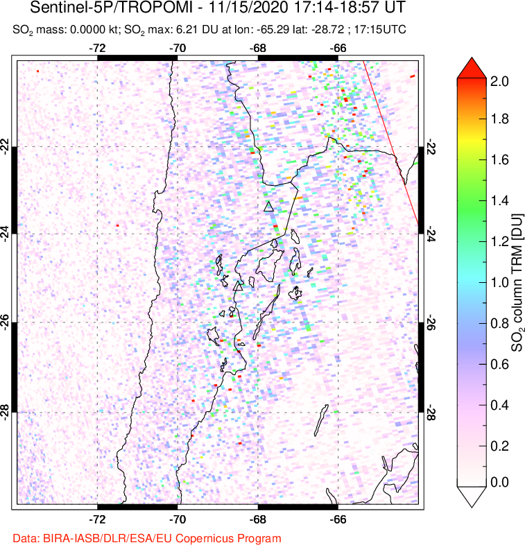 A sulfur dioxide image over Northern Chile on Nov 15, 2020.