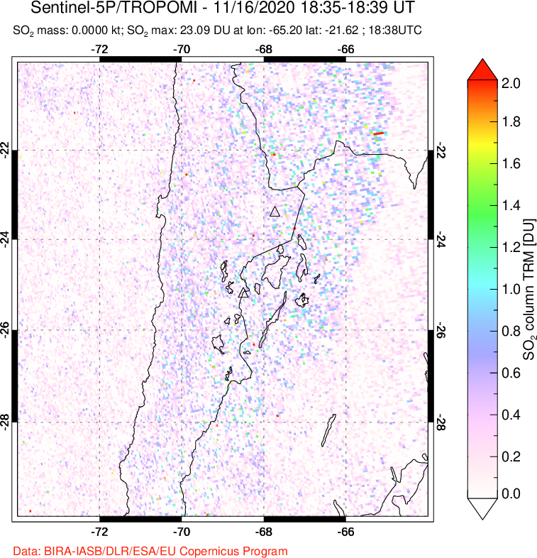 A sulfur dioxide image over Northern Chile on Nov 16, 2020.