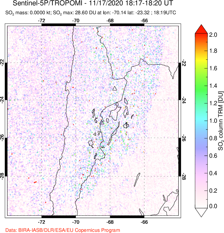 A sulfur dioxide image over Northern Chile on Nov 17, 2020.