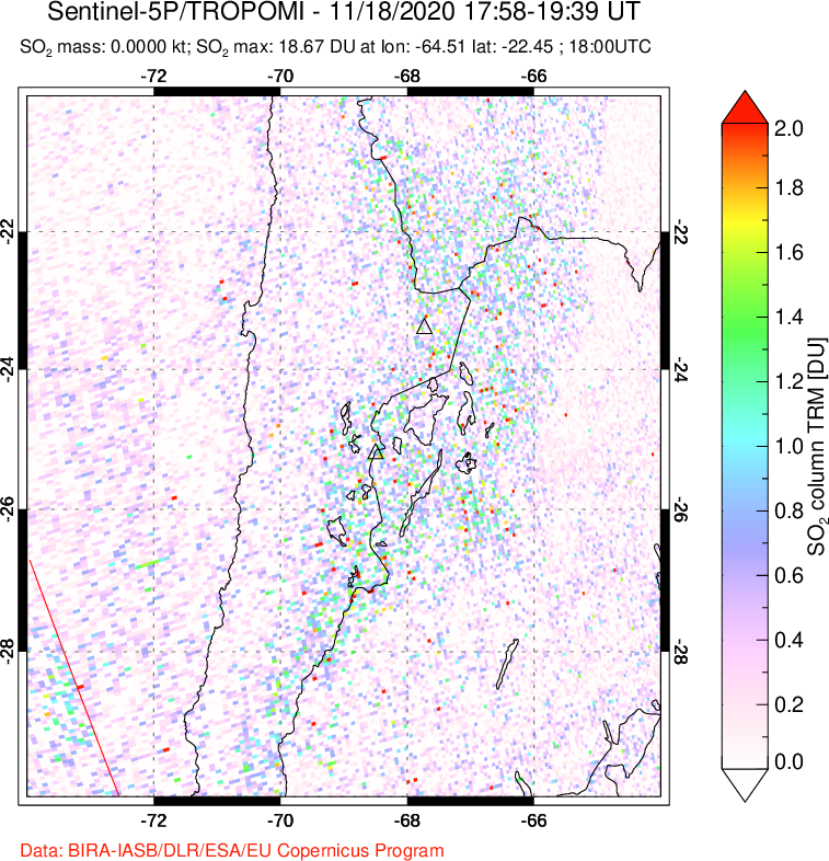 A sulfur dioxide image over Northern Chile on Nov 18, 2020.