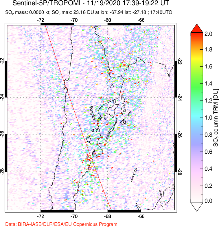 A sulfur dioxide image over Northern Chile on Nov 19, 2020.