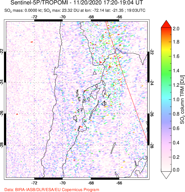 A sulfur dioxide image over Northern Chile on Nov 20, 2020.