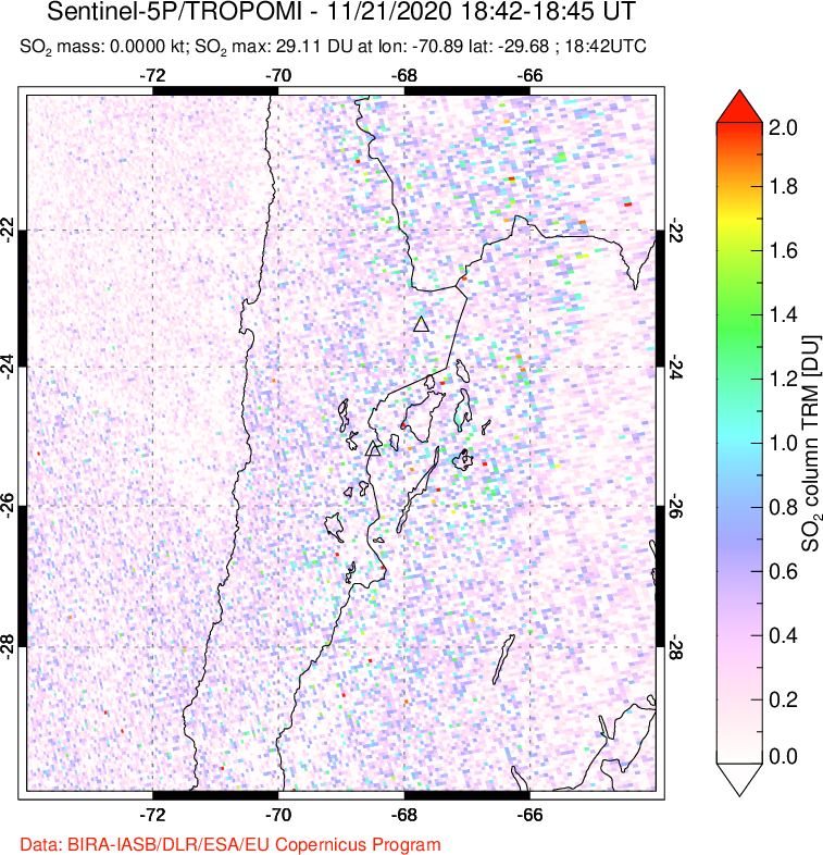 A sulfur dioxide image over Northern Chile on Nov 21, 2020.
