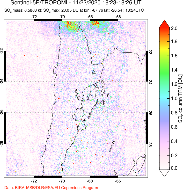 A sulfur dioxide image over Northern Chile on Nov 22, 2020.