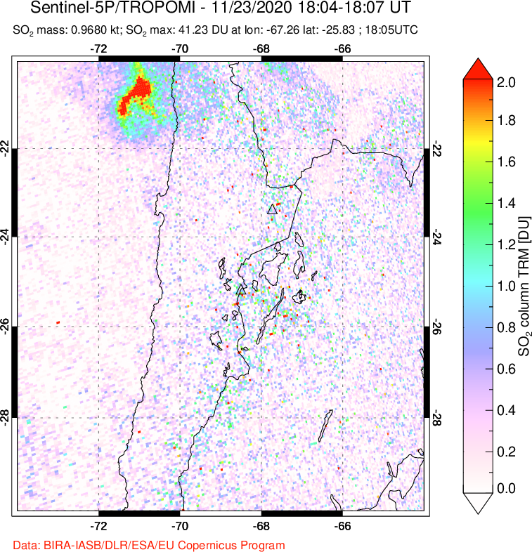 A sulfur dioxide image over Northern Chile on Nov 23, 2020.