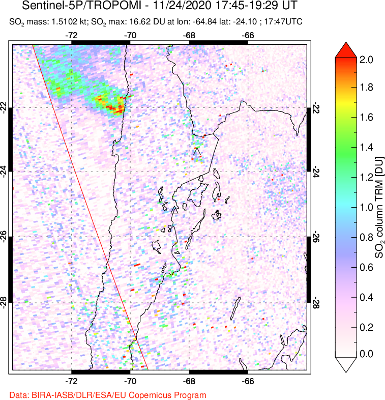 A sulfur dioxide image over Northern Chile on Nov 24, 2020.