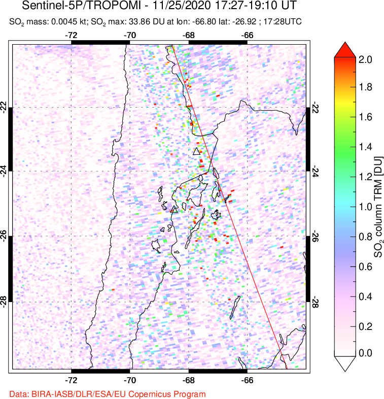 A sulfur dioxide image over Northern Chile on Nov 25, 2020.