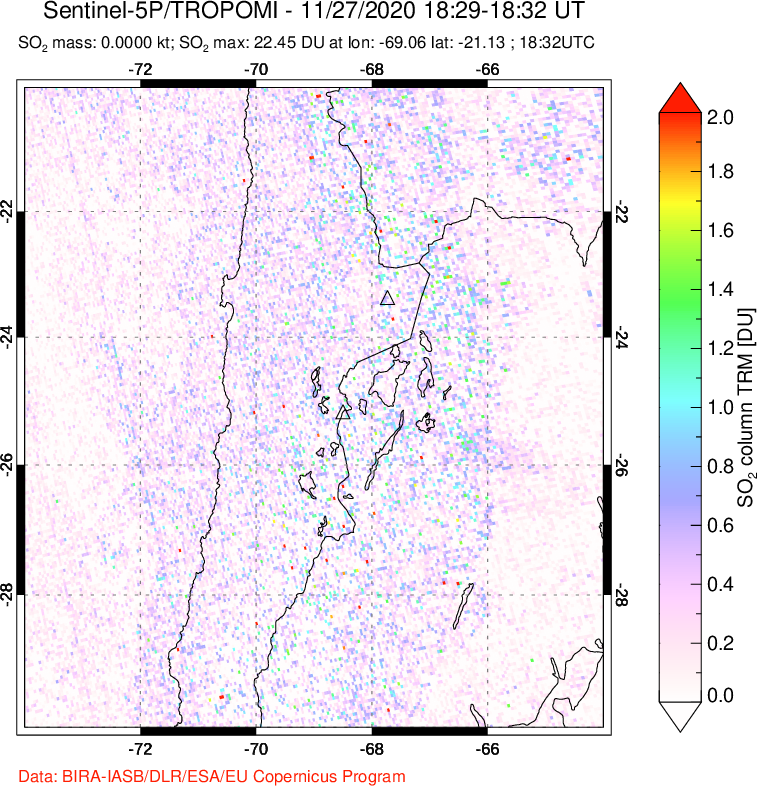 A sulfur dioxide image over Northern Chile on Nov 27, 2020.