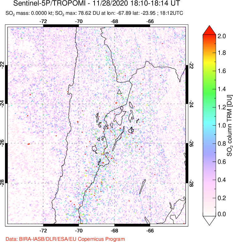 A sulfur dioxide image over Northern Chile on Nov 28, 2020.