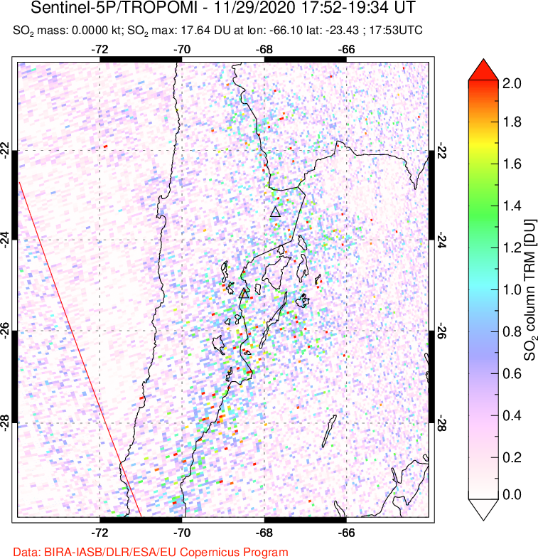 A sulfur dioxide image over Northern Chile on Nov 29, 2020.