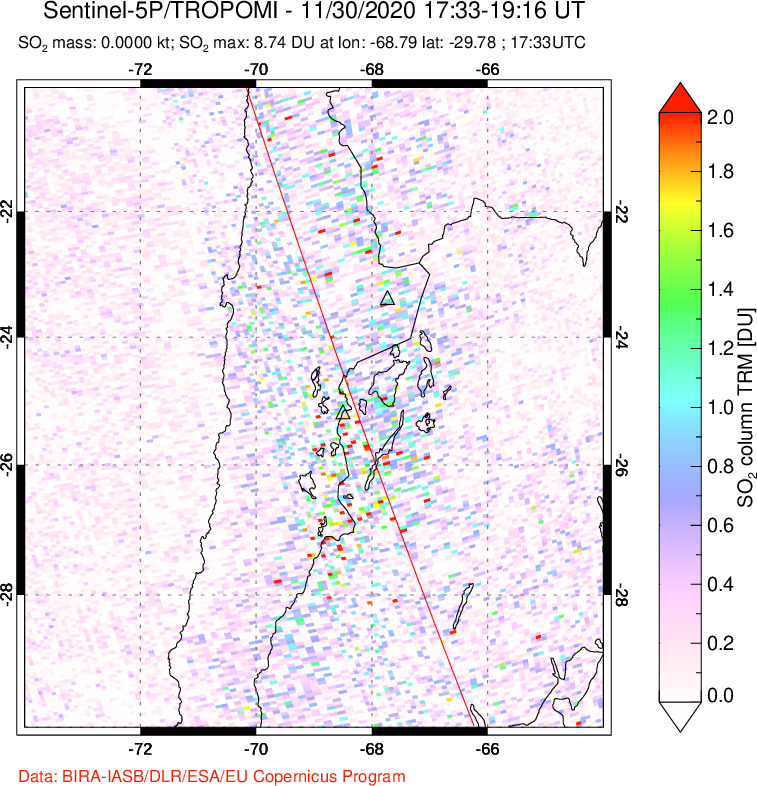 A sulfur dioxide image over Northern Chile on Nov 30, 2020.