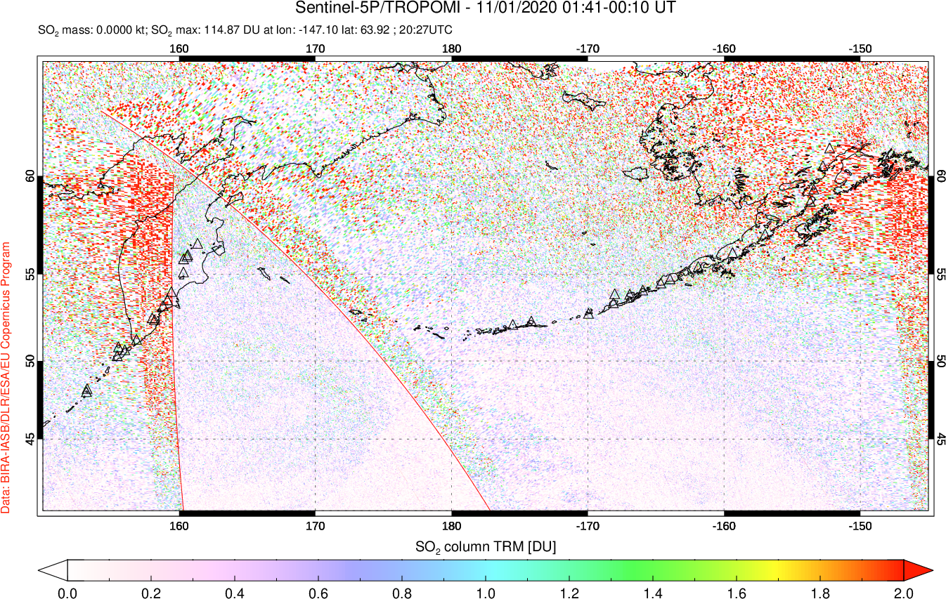 A sulfur dioxide image over North Pacific on Nov 01, 2020.