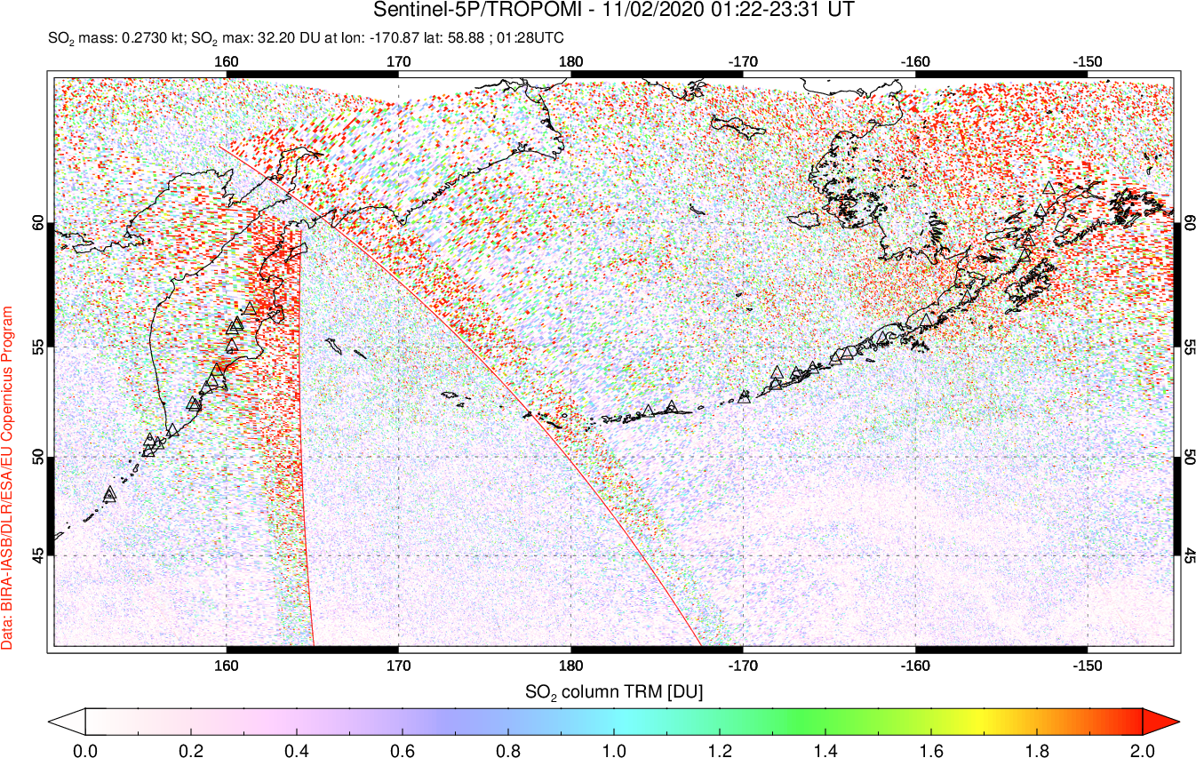 A sulfur dioxide image over North Pacific on Nov 02, 2020.