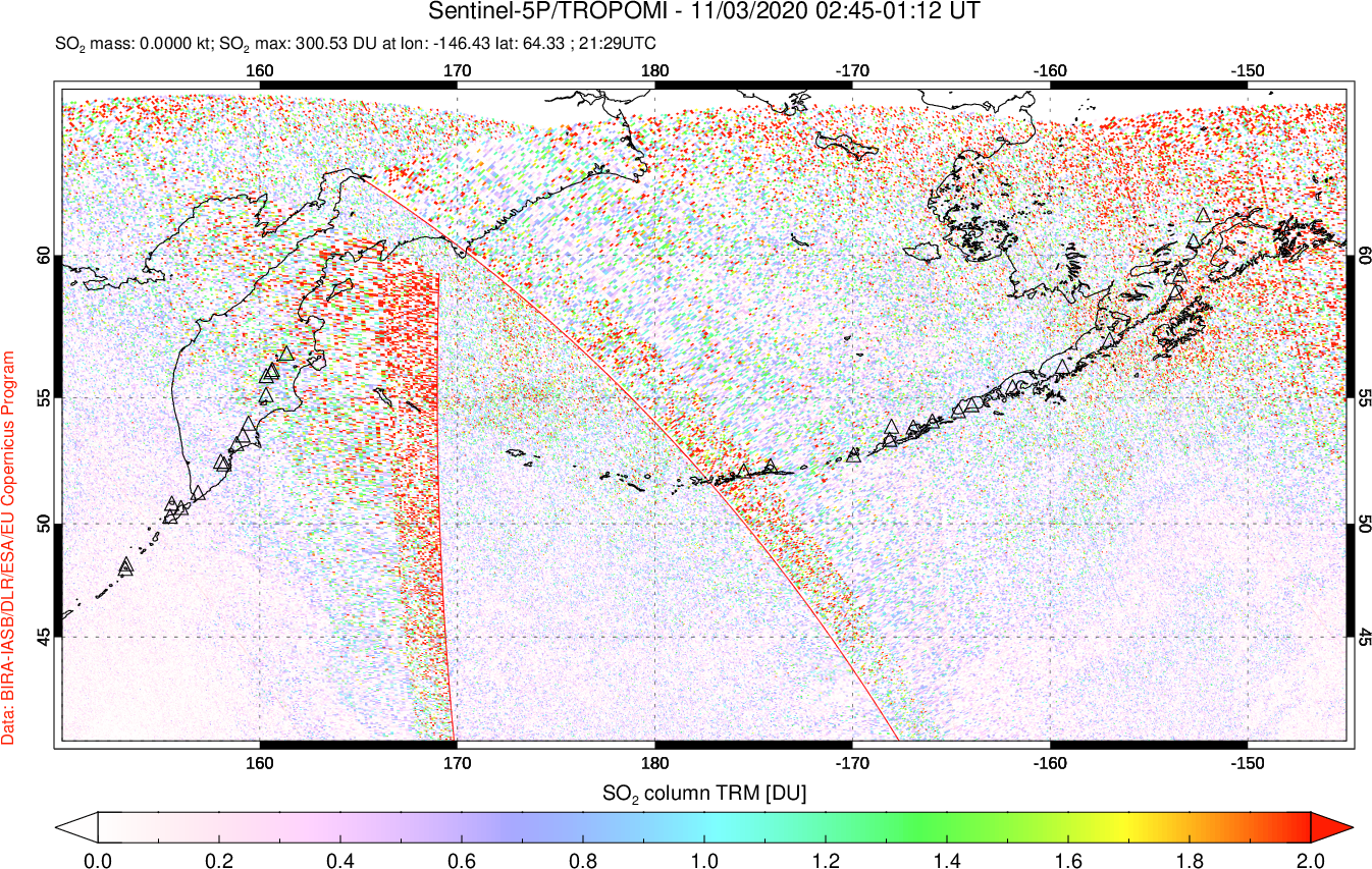 A sulfur dioxide image over North Pacific on Nov 03, 2020.