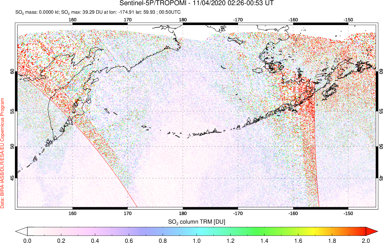 A sulfur dioxide image over North Pacific on Nov 04, 2020.