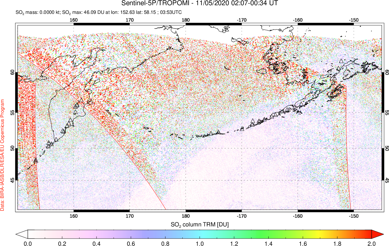 A sulfur dioxide image over North Pacific on Nov 05, 2020.