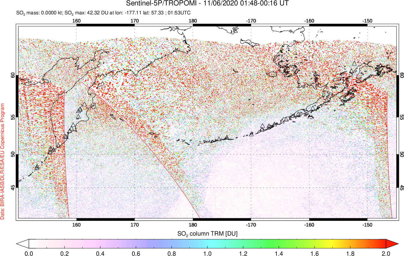 A sulfur dioxide image over North Pacific on Nov 06, 2020.
