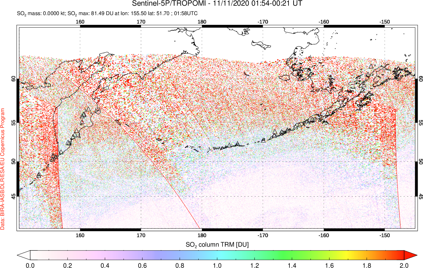 A sulfur dioxide image over North Pacific on Nov 11, 2020.