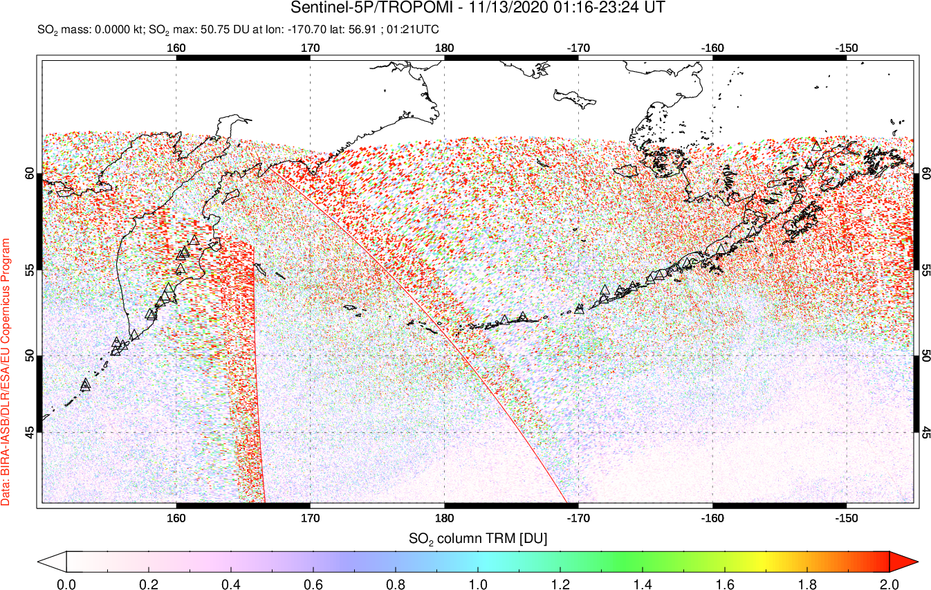 A sulfur dioxide image over North Pacific on Nov 13, 2020.