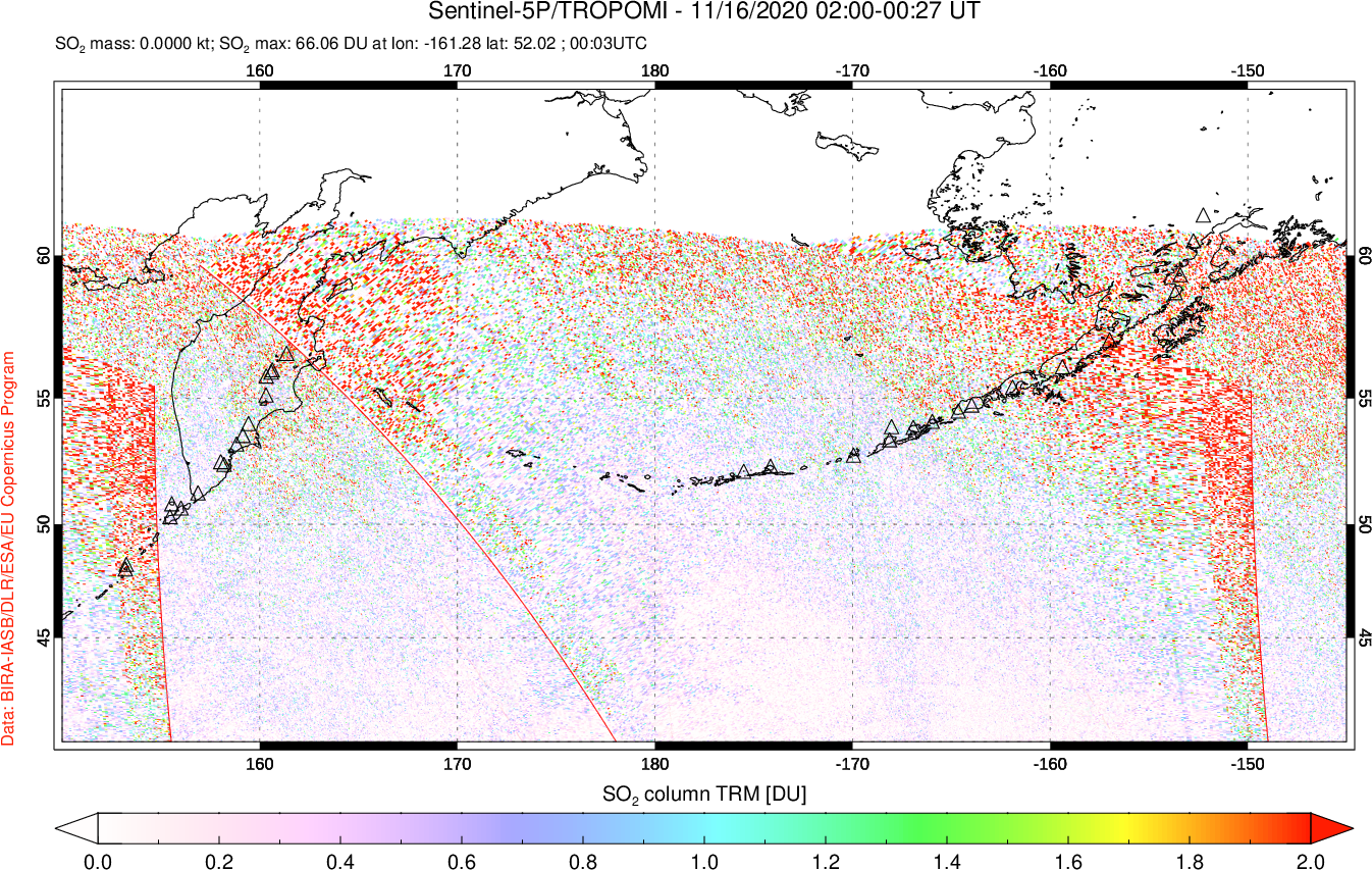 A sulfur dioxide image over North Pacific on Nov 16, 2020.