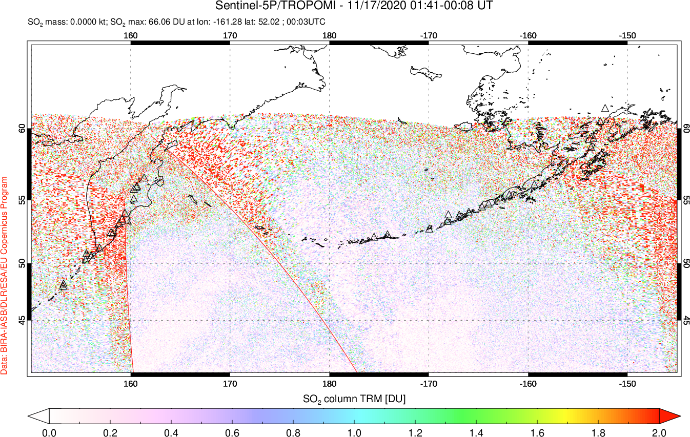 A sulfur dioxide image over North Pacific on Nov 17, 2020.