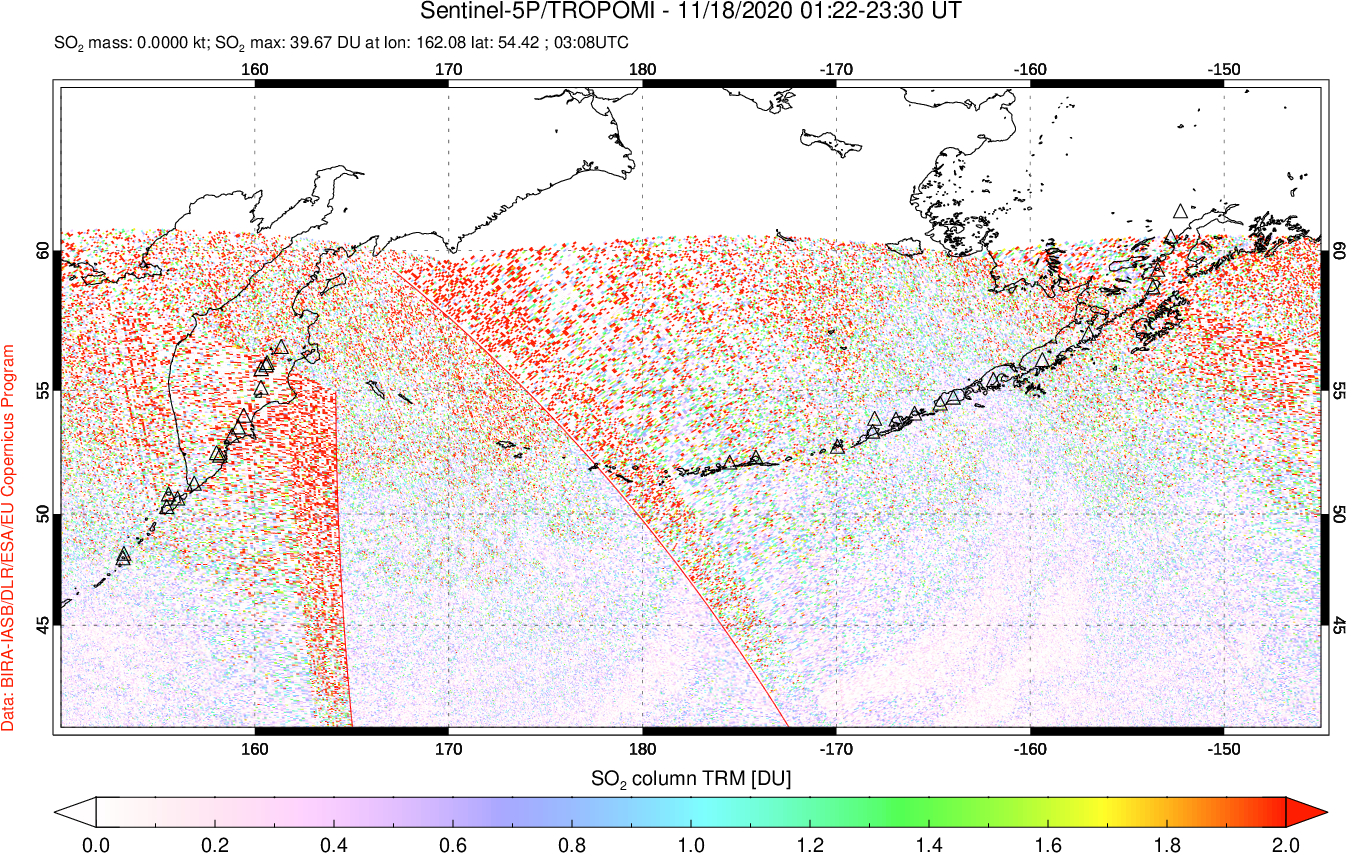 A sulfur dioxide image over North Pacific on Nov 18, 2020.